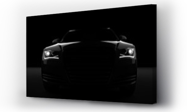 Generowany komputerowo obraz samochodu sportowego, ustawienie studyjne, na ciemnym tle.