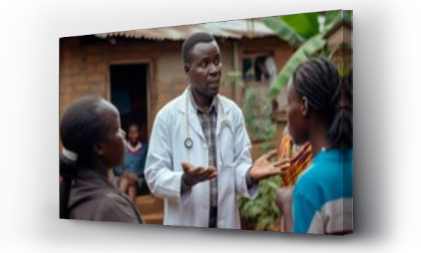 Wizualizacja Obrazu : #895691633 Male doctor in a white coat and stethoscope talks passionately with two women in a rural african village, emphasizing healthcare support and collaboration in underserved communities.