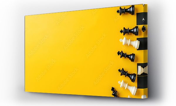 Wizualizacja Obrazu : #901509051 Chess pieces black and white on a yellow background with a chessboard with space for text. Design frame for text, business advertising and international chess day