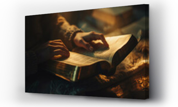 Wizualizacja Obrazu : #908235993 The intimate moment of reading the bible during evening reflection. Concept of faith and Christianity. Christianity background