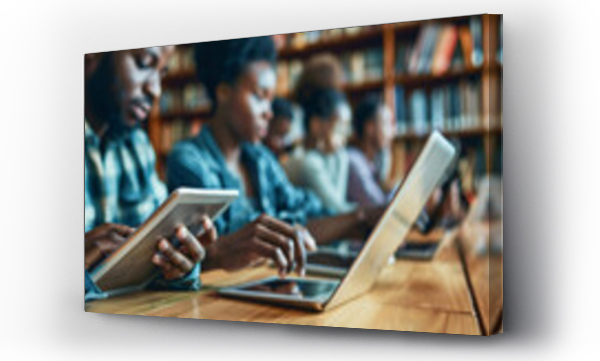 Wizualizacja Obrazu : #913576588 A group of students sitting in a library and using technology like tablets and laptops to study.