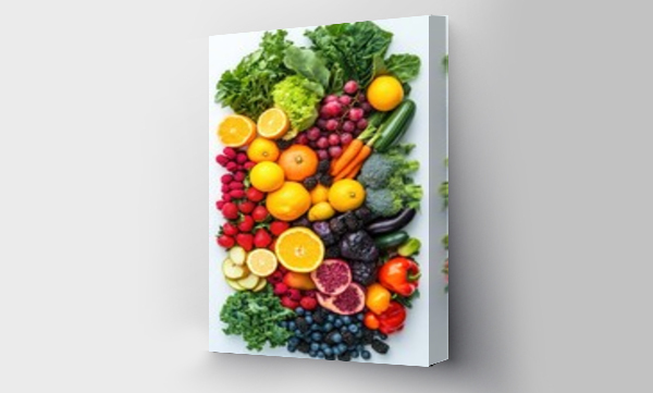 Wizualizacja Obrazu : #949139516 An abundant display of colorful fruits and vegetables fills a white surface, highlighting the freshness of seasonal produce