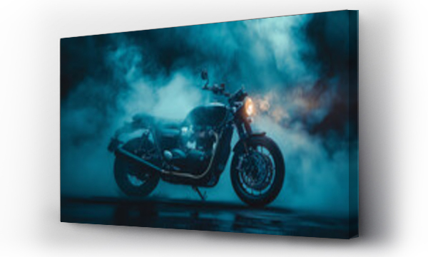 Wizualizacja Obrazu : #953434330 A vintage motorcycle stands in a dark, moody scene with atmospheric lighting and blue smoke. The blurred background highlights the stylish bike as the focal point.