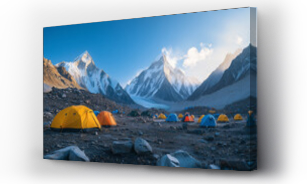 Wizualizacja Obrazu : #954400202 Mount Everest, view from base camp with small colorful tents scattered on the hillside, majestic mountains in the background, Ai generated Images