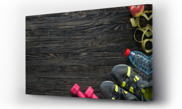 Wizualizacja Obrazu : #95954997 sport fitness items on dark wooden background