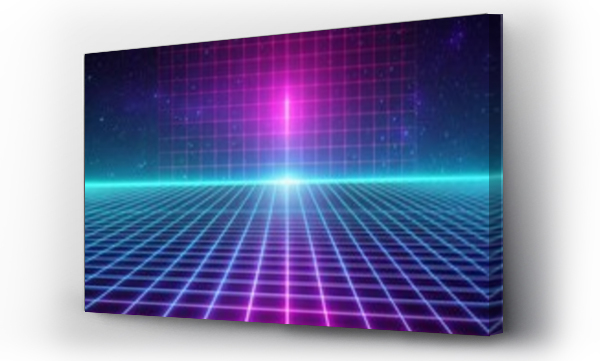 Wizualizacja Obrazu : #963333949 Vibrant retro futuristic grid background with neon lights and cosmic elements
