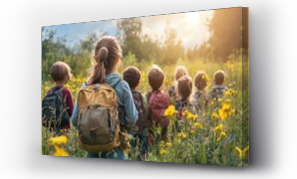 Wizualizacja Obrazu : #974364518 group of school children with teacher on a nature field trip, showcasing outdoor education, environmental study, and the joy of student exploration in nature