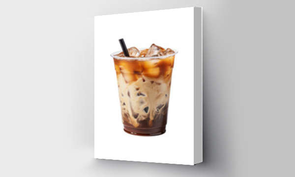 Wizualizacja Obrazu : #978628548 Iced milk coffee in plastic cups is suitable for coffee shop designs, summer drink restaurants, and social media content. Generative AI