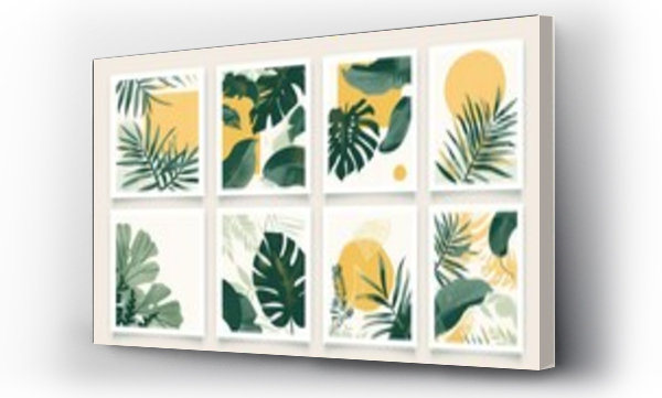 Wizualizacja Obrazu : #988925341 Set of 6 prints featuring abstract tropical plants in green, beige, and yellow tones, with a boho decor style and botanical elements like monstera leaves.