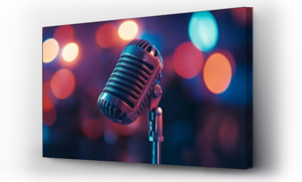 Wizualizacja Obrazu : #994017953 Vintage microphone with colorful bokeh lights, symbolizing music, performance, and retro vibes, generative ai