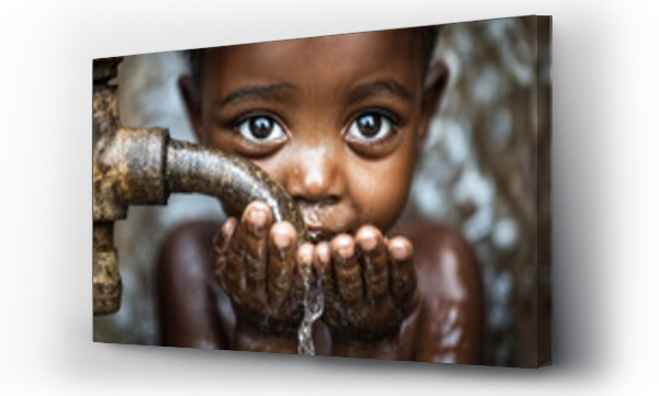 Wizualizacja Obrazu : #997126184 African kid drinking water from faucet in africa, sad thirsty child in poverty drinks from rusty tap with his hands, scarcity and basic needs concept